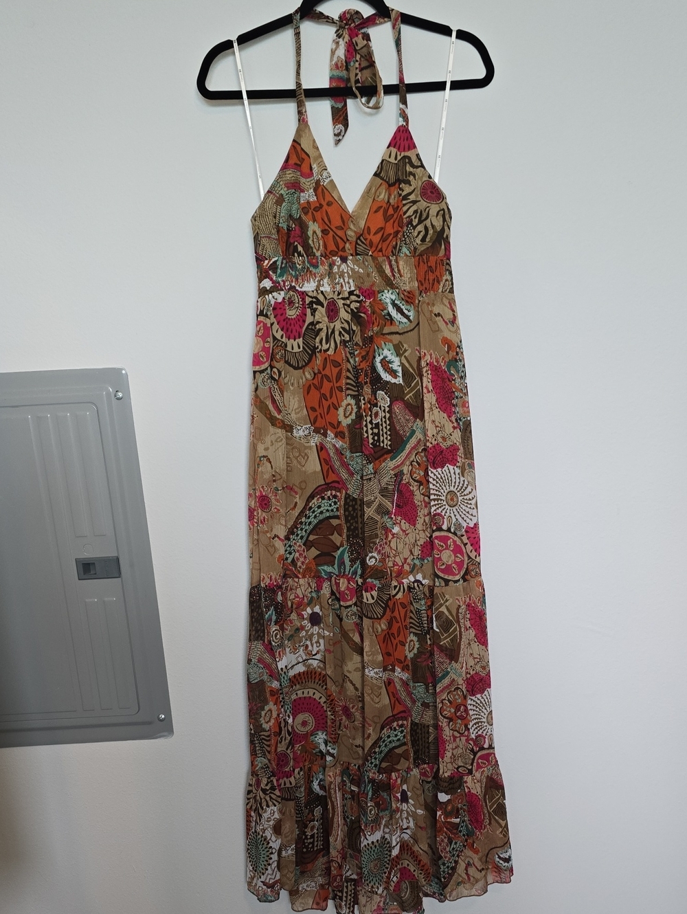 Forever 21 Tan Maxi Dress with Pink & Orange Floral Patchwork